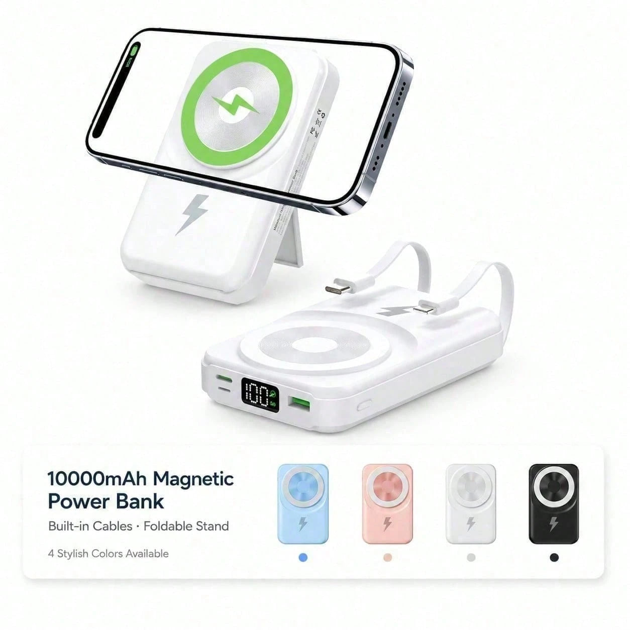 Slim White 10000mAh Magnetic Charger With 15W Wireless And 22.5W Wired Fast Charging, Featuring An LED Power Readout, Slim White Shell And Rear Stand For Hands-Free Viewing, Designed For IPhone 16 Thr