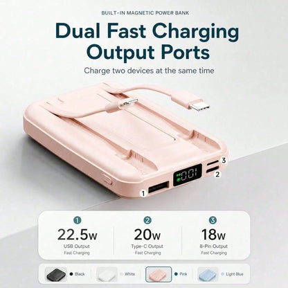 Slim White 10000mAh Magnetic Charger With 15W Wireless And 22.5W Wired Fast Charging, Featuring An LED Power Readout, Slim White Shell And Rear Stand For Hands-Free Viewing, Compatible With Selected