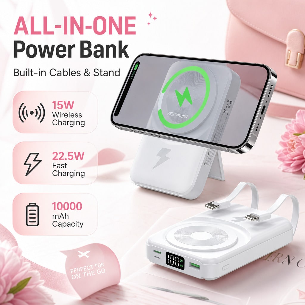 Slim White 10000mAh Magnetic Charger With 15W Wireless And 22.5W Wired Fast Charging, Featuring An LED Power Readout, Slim White Shell And Rear Stand For Hands-Free Viewing, Designed For IPhone 16 Thr