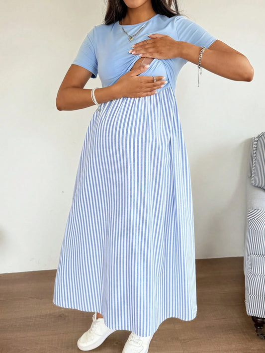 Slowluna Maternity Clothes Nursing Dress Spring And Summer Pregnant Comfortable Casual Blue & Striped Patchwork Round Neck Short Sleeve