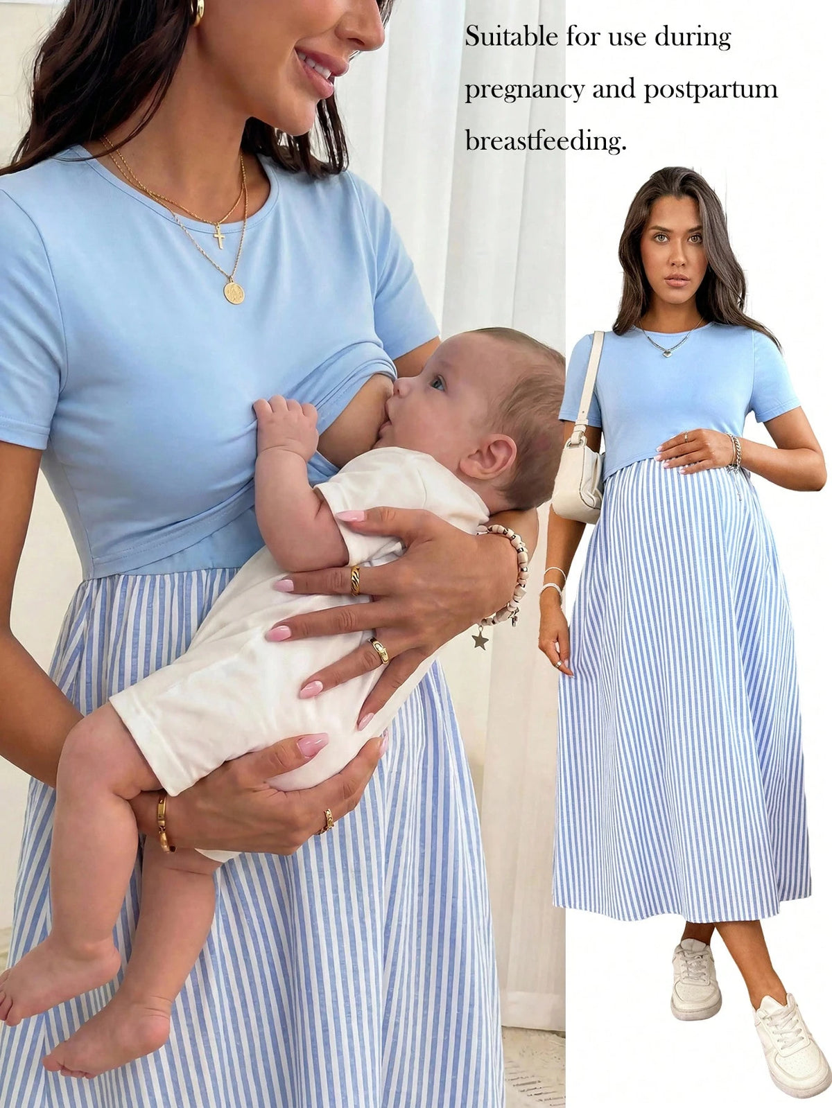 Slowluna Maternity Clothes Nursing Dress Spring And Summer Pregnant Comfortable Casual Blue & Striped Patchwork Round Neck Short Sleeve