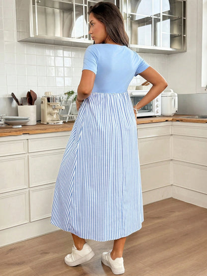 Slowluna Maternity Clothes Nursing Dress Spring And Summer Pregnant Comfortable Casual Blue & Striped Patchwork Round Neck Short Sleeve