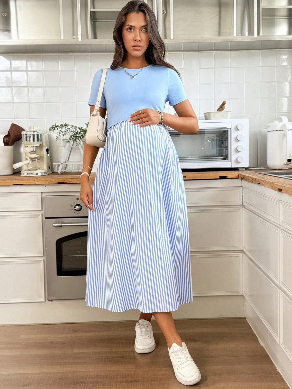 Slowluna Maternity Clothes Nursing Dress Spring And Summer Pregnant Comfortable Casual Blue & Striped Patchwork Round Neck Short Sleeve