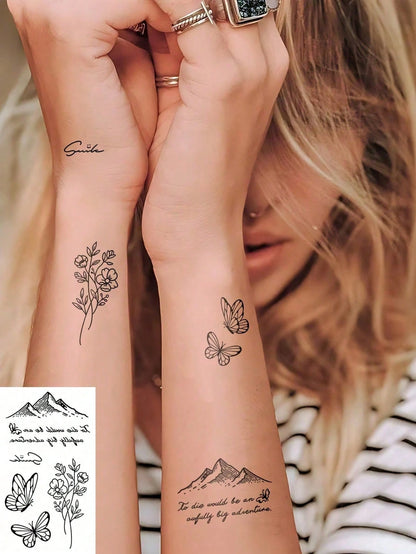 Small Body Art Temporary Tattoo Sticker, Neutral Style, Black Line Butterfly Mountain Flower Pattern, Waterproof Fake Tattoo, Lasts 2-5 Days, Can Cover Scars, Suitable For Arms, Wrists, Shoulders, Leg