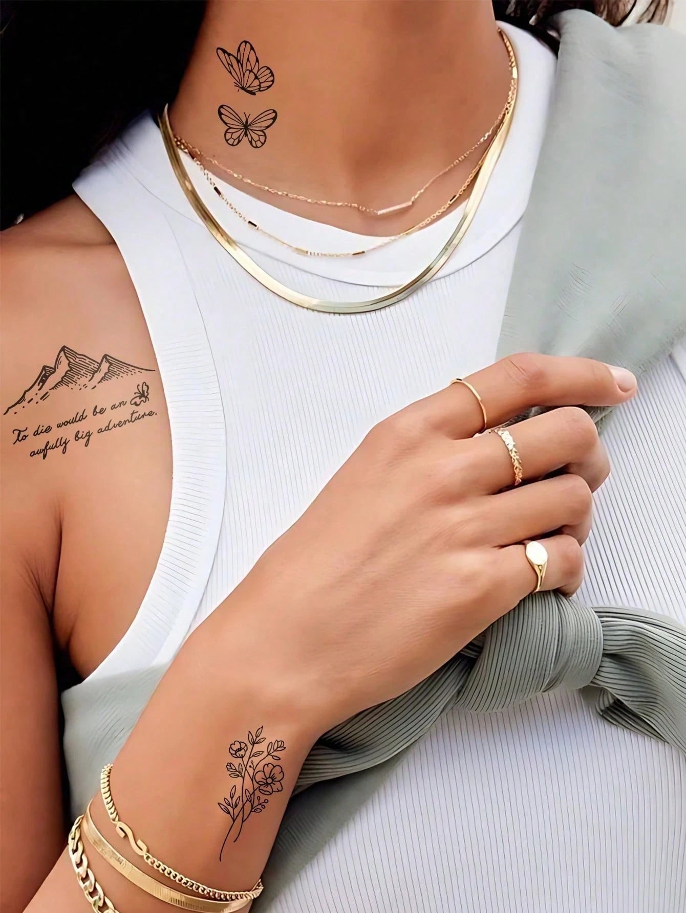 Small Body Art Temporary Tattoo Sticker, Neutral Style, Black Line Butterfly Mountain Flower Pattern, Waterproof Fake Tattoo, Lasts 2-5 Days, Can Cover Scars, Suitable For Arms, Wrists, Shoulders, Leg