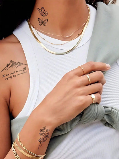 Small Body Art Temporary Tattoo Sticker, Neutral Style, Black Line Butterfly Mountain Flower Pattern, Waterproof Fake Tattoo, Lasts 2-5 Days, Can Cover Scars, Suitable For Arms, Wrists, Shoulders, Leg