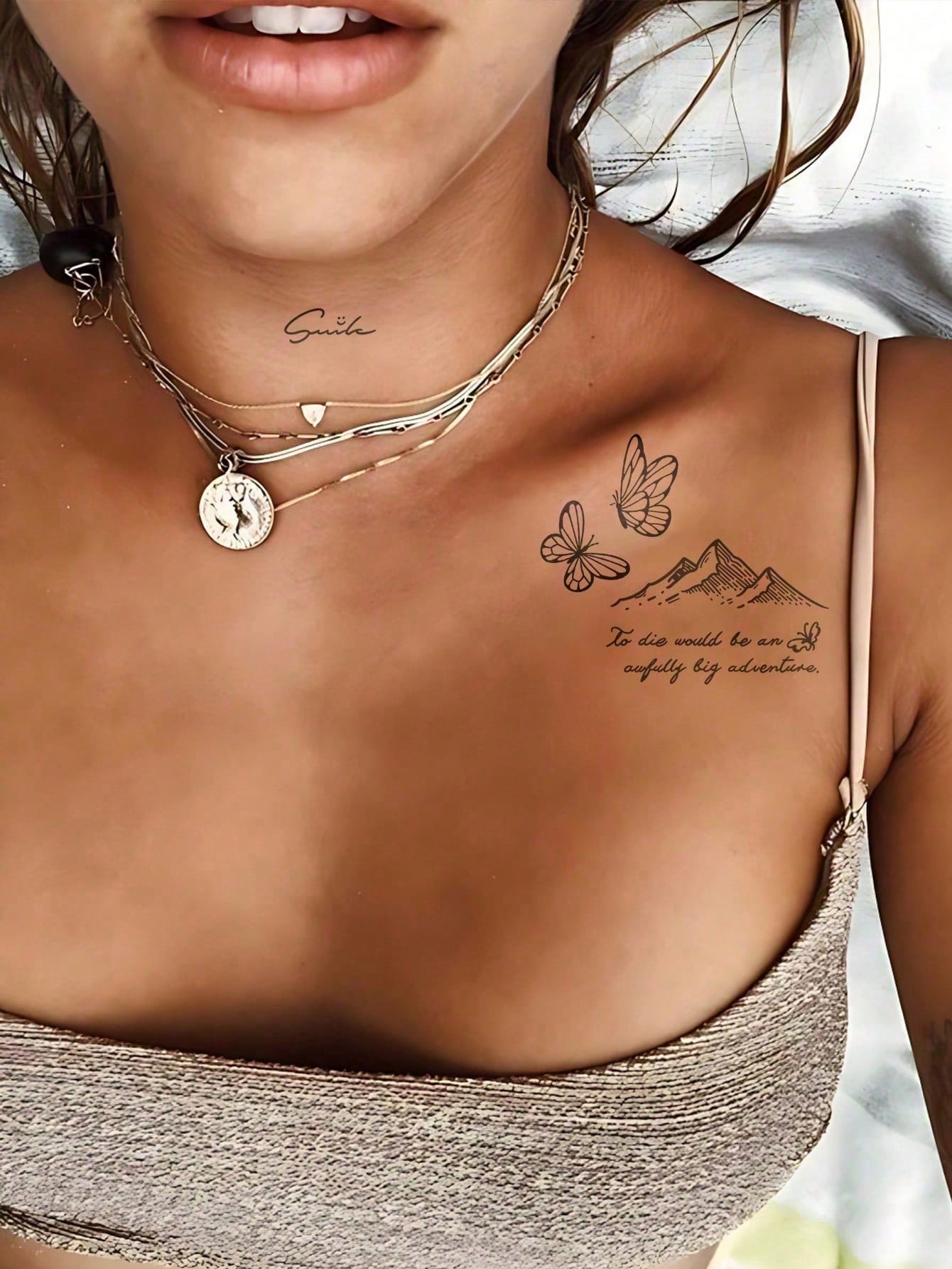 Small Body Art Temporary Tattoo Sticker, Neutral Style, Black Line Butterfly Mountain Flower Pattern, Waterproof Fake Tattoo, Lasts 2-5 Days, Can Cover Scars, Suitable For Arms, Wrists, Shoulders, Leg