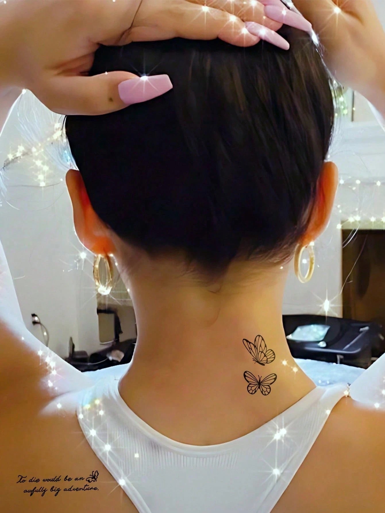 Small Body Art Temporary Tattoo Sticker, Neutral Style, Black Line Butterfly Mountain Flower Pattern, Waterproof Fake Tattoo, Lasts 2-5 Days, Can Cover Scars, Suitable For Arms, Wrists, Shoulders, Leg