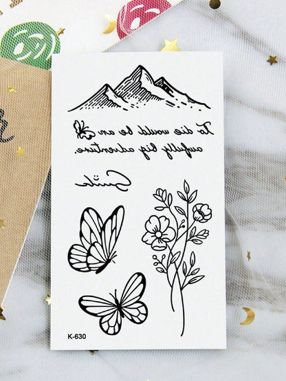 Small Body Art Temporary Tattoo Sticker, Neutral Style, Black Line Butterfly Mountain Flower Pattern, Waterproof Fake Tattoo, Lasts 2-5 Days, Can Cover Scars, Suitable For Arms, Wrists, Shoulders, Leg