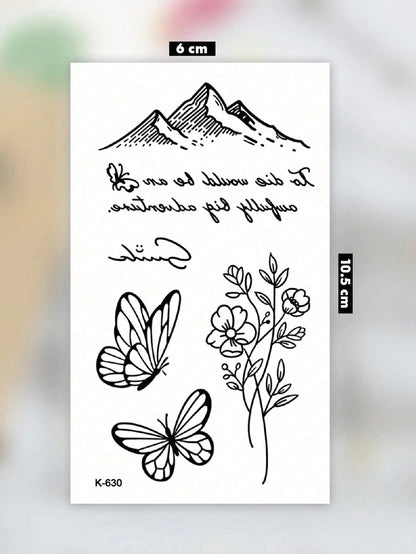 Small Body Art Temporary Tattoo Sticker, Neutral Style, Black Line Butterfly Mountain Flower Pattern, Waterproof Fake Tattoo, Lasts 2-5 Days, Can Cover Scars, Suitable For Arms, Wrists, Shoulders, Leg