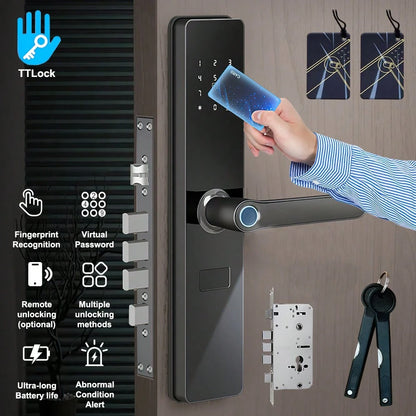 Smart Door Lock, Keyless Entry Smart Lock, Fingerprint Door Lock With Handle, App Control & Mechanical Key Backup, 5-In-1 Entry Front Door Lock Set, Electric Door Knob For Front