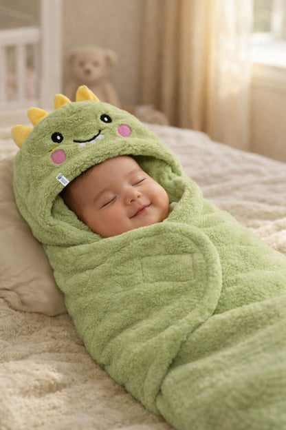 Soft Velvet Fleece Newborn Baby Embroidered Hooded Swaddle Blanket for 0-6 Months - Green Dino