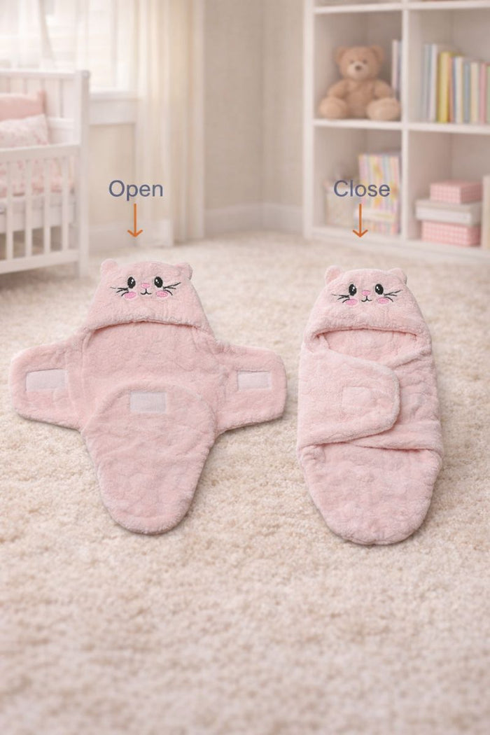 Soft Velvet Fleece Newborn Baby Embroidered Hooded Swaddle Blanket for 0-6 Months - Pink Cat