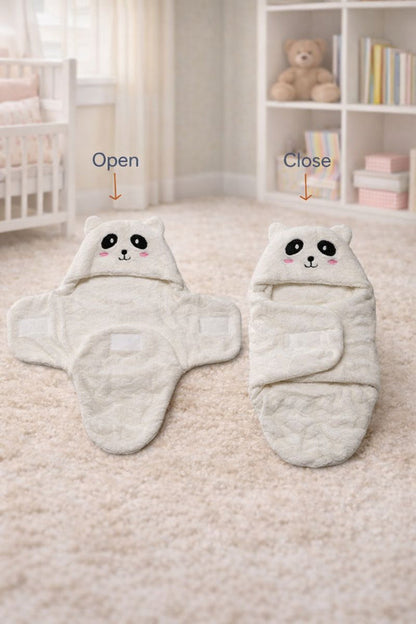 Soft Velvet Fleece Newborn Baby Embroidered Hooded Swaddle Blanket for 0-6 Months - White Panda