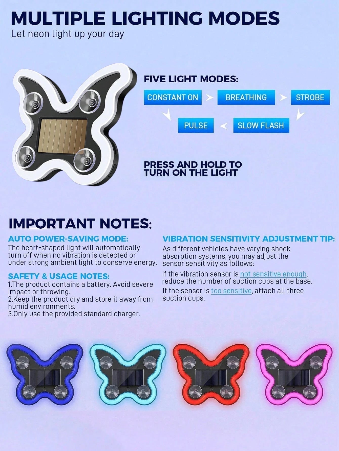 Solar Powered Butterfly Car LED Ambient Light, Neon Glowing Butterfly Car Window Decoration Light, 3.7V 300mAh Battery Powered, Suitable For Car Rear Window, Side Window, Interior Space And Low Light