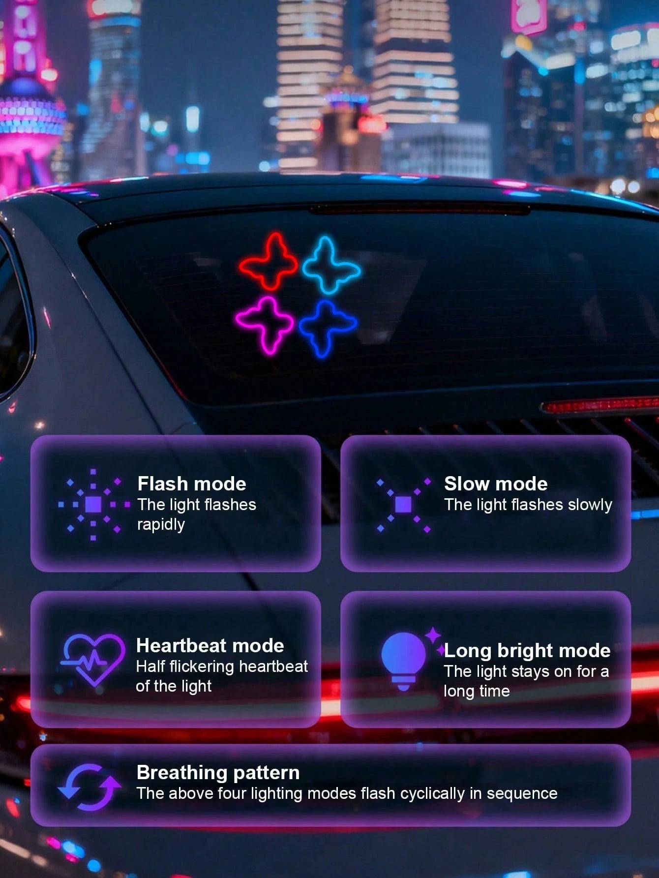 Solar Powered Butterfly Car LED Ambient Light, Neon Glowing Butterfly Car Window Decoration Light, 3.7V 300mAh Battery Powered, Suitable For Car Rear Window, Side Window, Interior Space And Low Light
