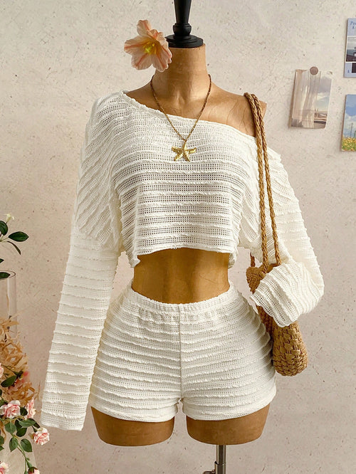 Soleia 2pcs Women Solid Color Asymmetric Collar Long Sleeve Top And Elastic Waist Shorts Set