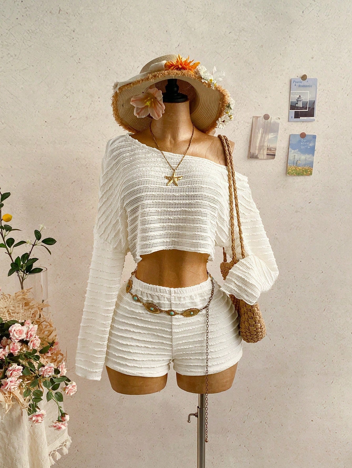 Soleia 2pcs Women Solid Color Asymmetric Collar Long Sleeve Top And Elastic Waist Shorts Set