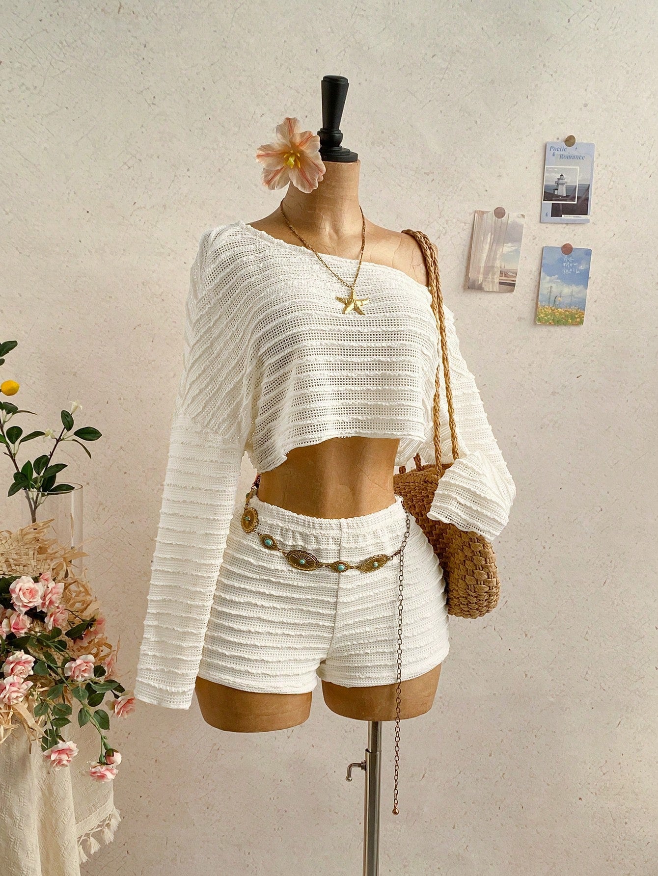 Soleia 2pcs Women Solid Color Asymmetric Collar Long Sleeve Top And Elastic Waist Shorts Set