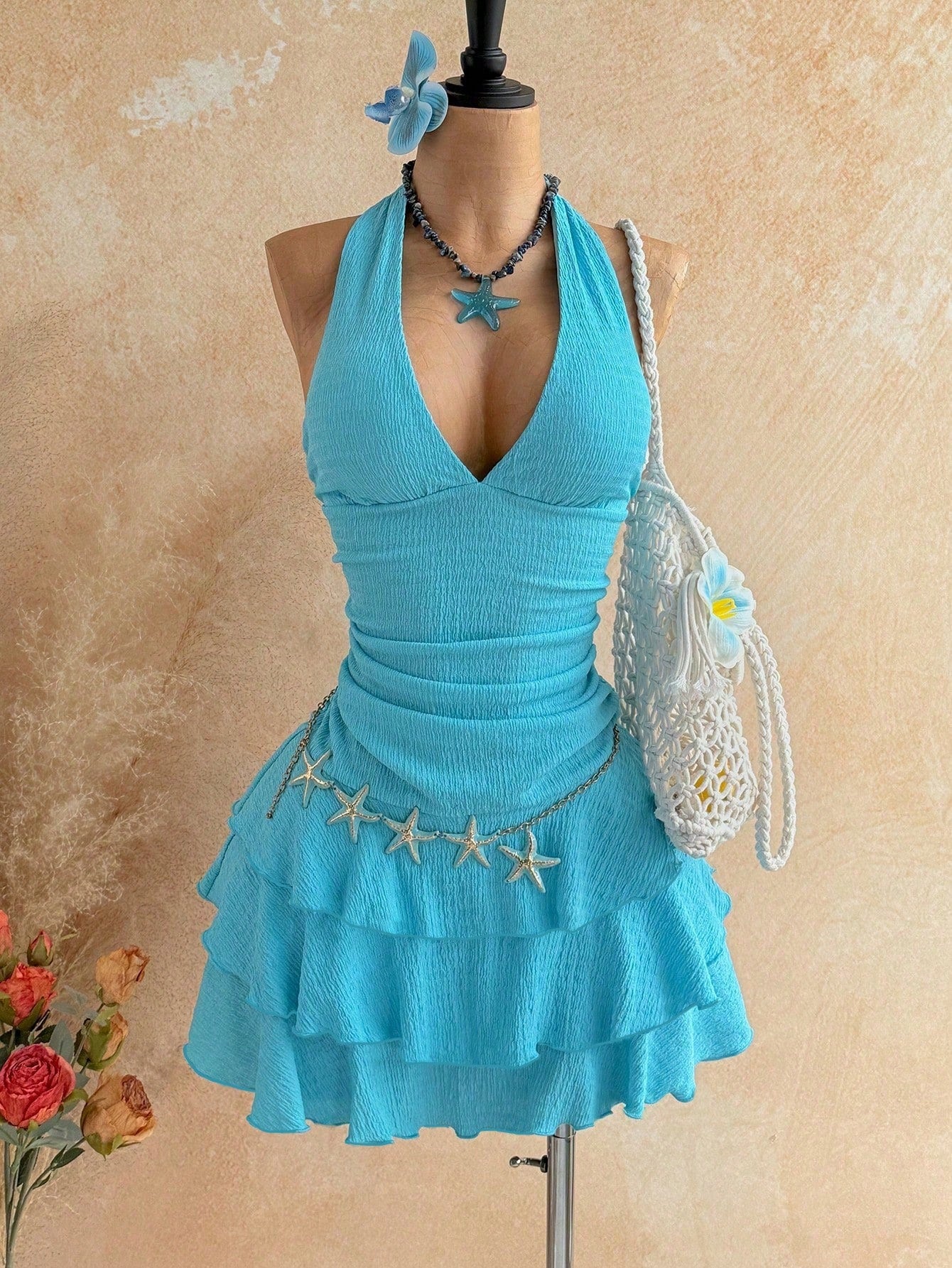 Soleia Bright Blue Summer Casual Sexy Tropical Beach Vacation Holiday Vintage Zebra Print V-Neck Mesh Ruched Dress For Women Festival Graduation Outfit