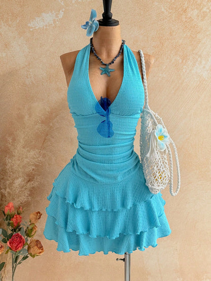 Soleia Bright Blue Summer Casual Sexy Tropical Beach Vacation Holiday Vintage Zebra Print V-Neck Mesh Ruched Dress For Women Festival Graduation Outfit