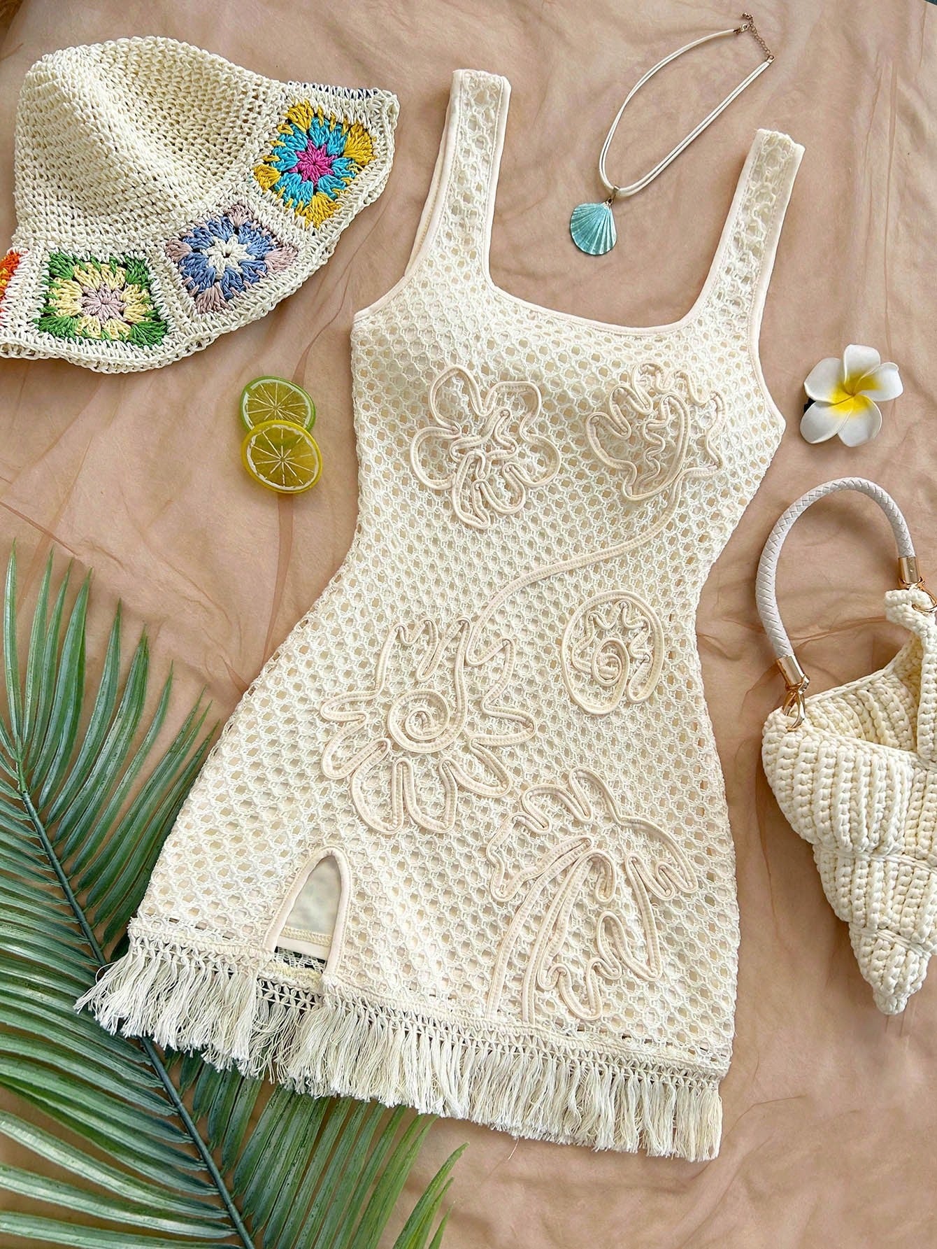 Soleia Cream White Sleeveless Cinched Waist Floral Print Bodycon Mini Dress,Boho Holiday Vacation,Beach Crochet Dress For Music Festival,No Chest Padding