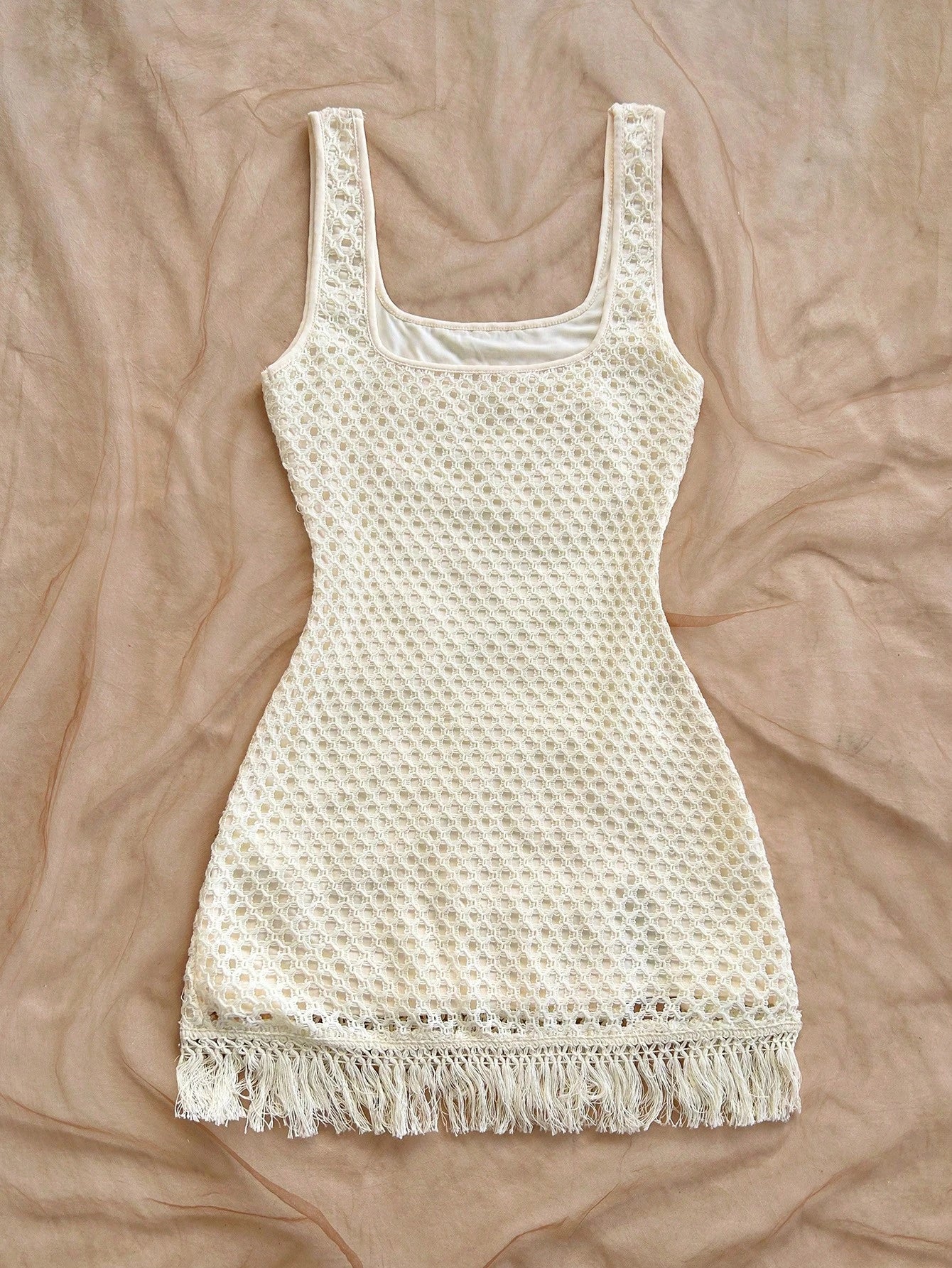 Soleia Cream White Sleeveless Cinched Waist Floral Print Bodycon Mini Dress,Boho Holiday Vacation,Beach Crochet Dress For Music Festival,No Chest Padding