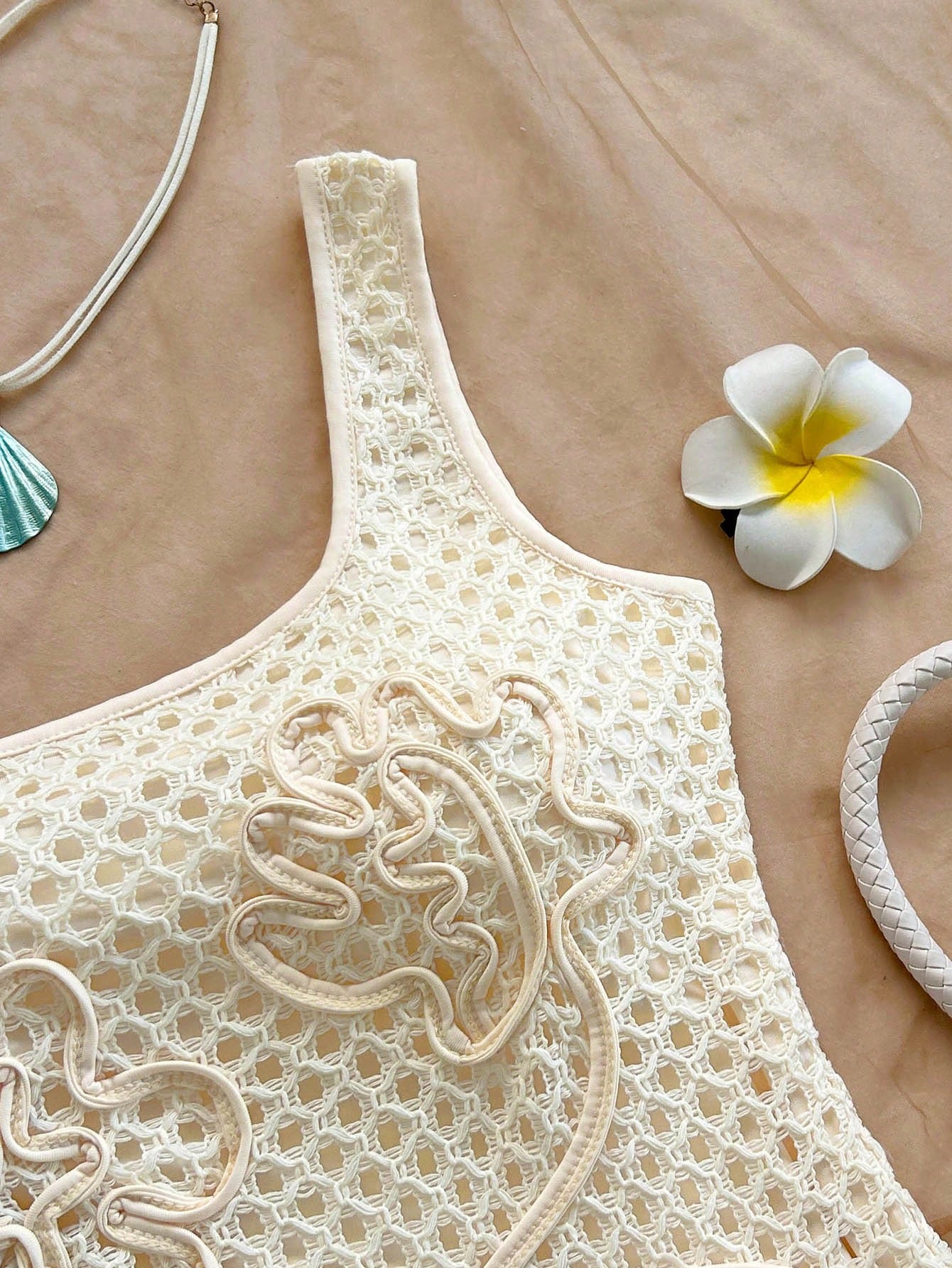 Soleia Cream White Sleeveless Cinched Waist Floral Print Bodycon Mini Dress,Boho Holiday Vacation,Beach Crochet Dress For Music Festival,No Chest Padding