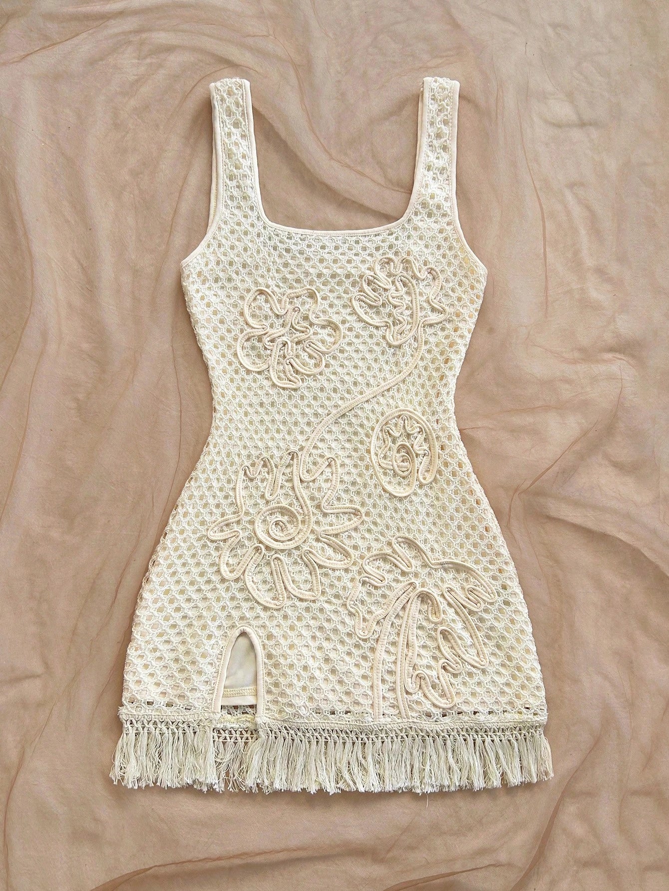 Soleia Cream White Sleeveless Cinched Waist Floral Print Bodycon Mini Dress,Boho Holiday Vacation,Beach Crochet Dress For Music Festival,No Chest Padding