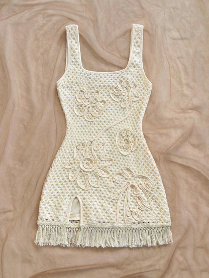 Soleia Cream White Sleeveless Cinched Waist Floral Print Bodycon Mini Dress,Boho Holiday Vacation,Beach Crochet Dress For Music Festival,No Chest Padding