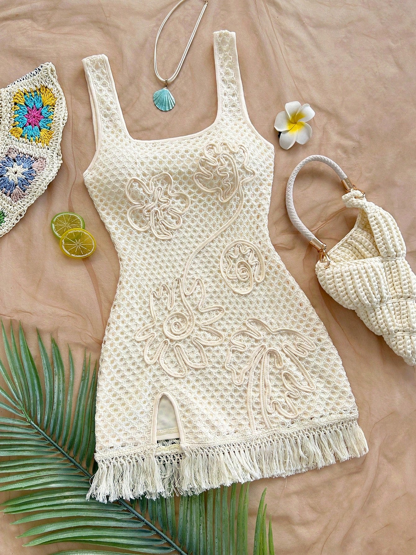 Soleia Cream White Sleeveless Cinched Waist Floral Print Bodycon Mini Dress,Boho Holiday Vacation,Beach Crochet Dress For Music Festival,No Chest Padding