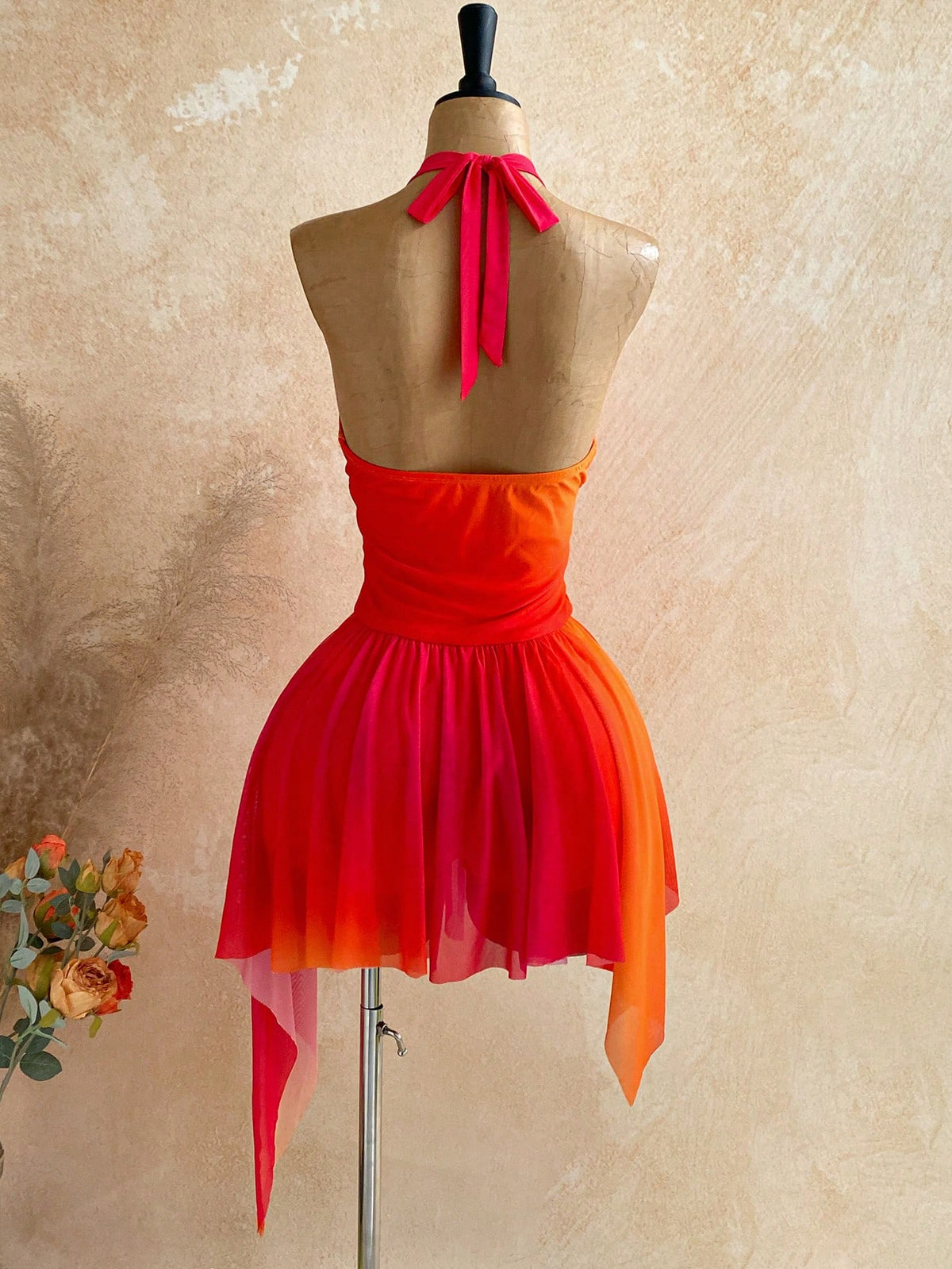 Soleia Deep V Neck Tie-Up Waist Wooden Bead Asymmetrical Hem Mini Dress For Women,Orange Red,Summer,Casual,Holiday,Vacation,Holiday Party Nightclub Boho