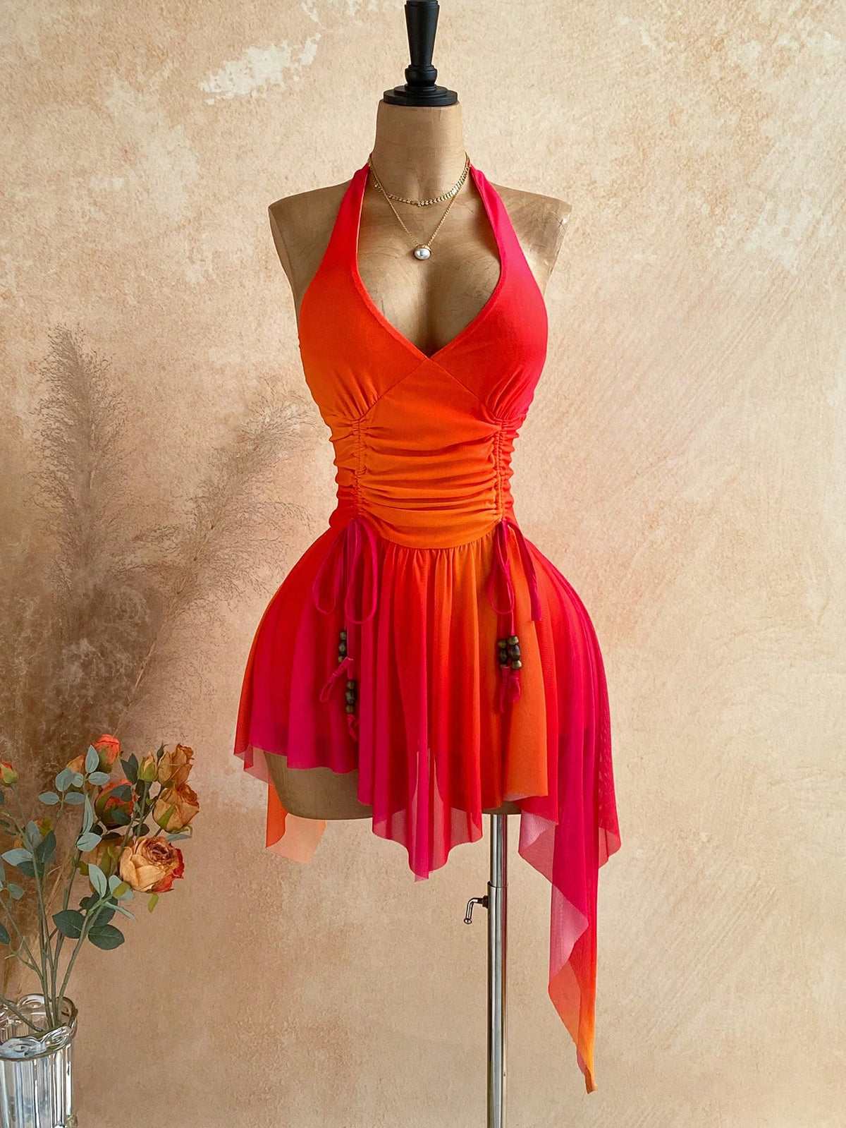 Soleia Deep V Neck Tie-Up Waist Wooden Bead Asymmetrical Hem Mini Dress For Women,Orange Red,Summer,Casual,Holiday,Vacation,Holiday Party Nightclub Boho