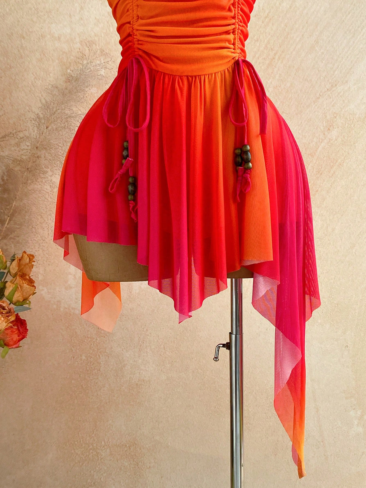 Soleia Deep V Neck Tie-Up Waist Wooden Bead Asymmetrical Hem Mini Dress For Women,Orange Red,Summer,Casual,Holiday,Vacation,Holiday Party Nightclub Boho