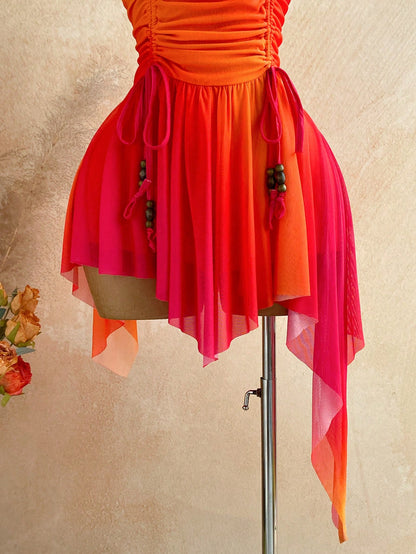 Soleia Deep V Neck Tie-Up Waist Wooden Bead Asymmetrical Hem Mini Dress For Women,Orange Red,Summer,Casual,Holiday,Vacation,Holiday Party Nightclub Boho