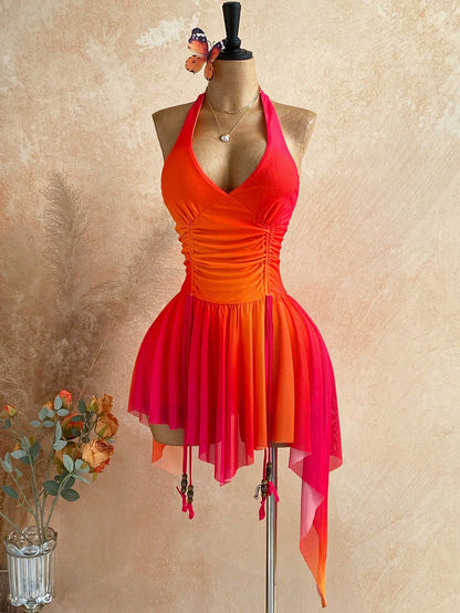 Soleia Deep V Neck Tie-Up Waist Wooden Bead Asymmetrical Hem Mini Dress For Women,Orange Red,Summer,Casual,Holiday,Vacation,Holiday Party Nightclub Boho