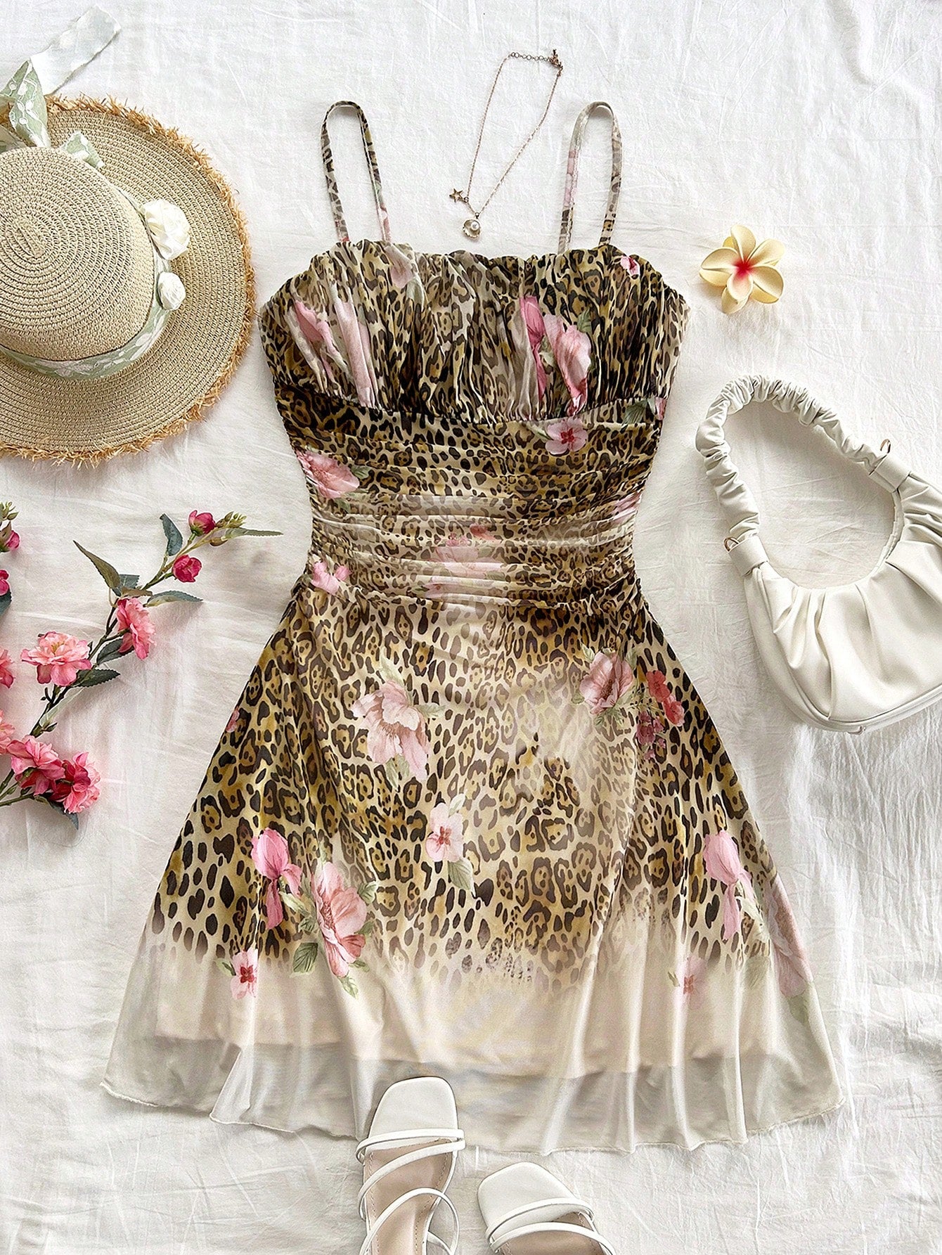 Soleia Lady's Summer Pink Leopard Print Mesh Strap Dress, Bohemian Style For Vacation, Floral Theme Party Outfit, Wedding Guest Attire No Chest Padding
