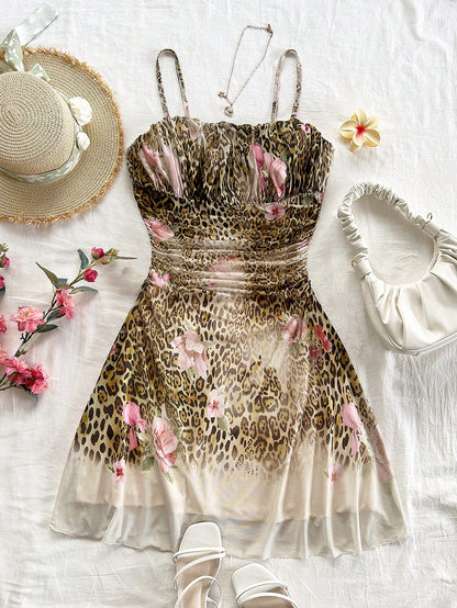 Soleia Lady's Summer Pink Leopard Print Mesh Strap Dress, Bohemian Style For Vacation, Floral Theme Party Outfit, Wedding Guest Attire No Chest Padding