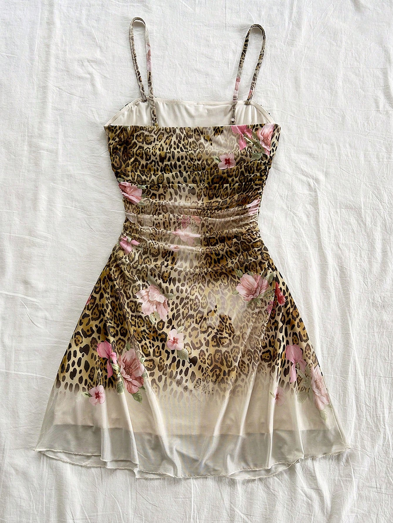 Soleia Lady's Summer Pink Leopard Print Mesh Strap Dress, Bohemian Style For Vacation, Floral Theme Party Outfit, Wedding Guest Attire No Chest Padding