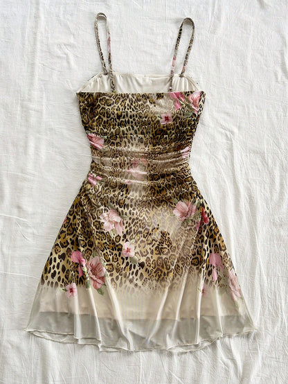 Soleia Lady's Summer Pink Leopard Print Mesh Strap Dress, Bohemian Style For Vacation, Floral Theme Party Outfit, Wedding Guest Attire No Chest Padding