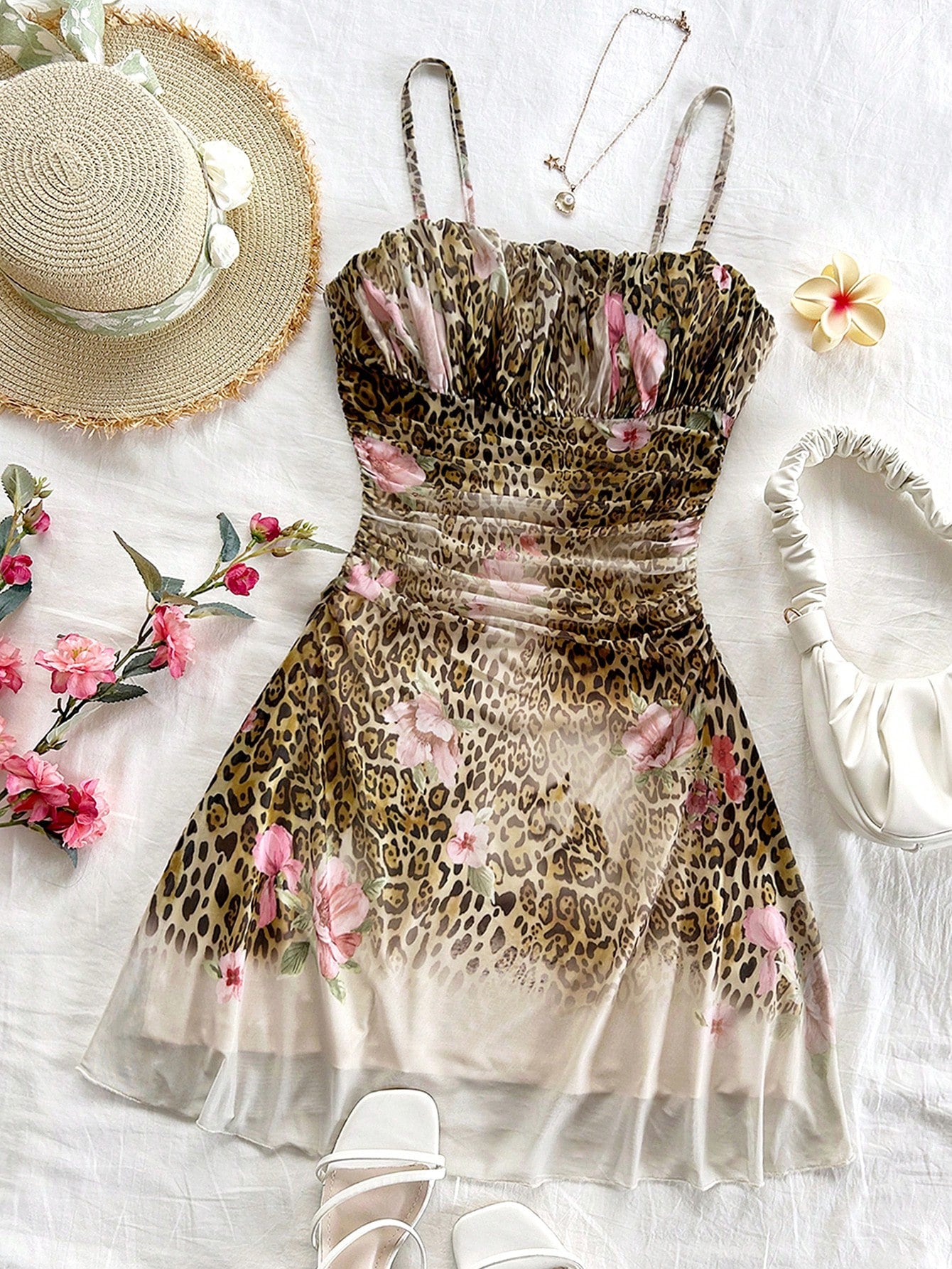 Soleia Lady's Summer Pink Leopard Print Mesh Strap Dress, Bohemian Style For Vacation, Floral Theme Party Outfit, Wedding Guest Attire No Chest Padding