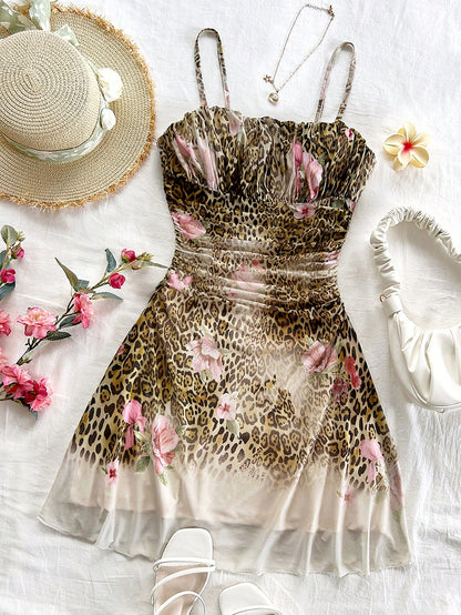 Soleia Lady's Summer Pink Leopard Print Mesh Strap Dress, Bohemian Style For Vacation, Floral Theme Party Outfit, Wedding Guest Attire No Chest Padding