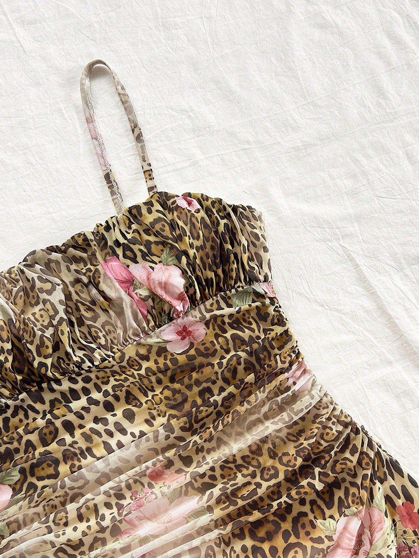 Soleia Lady's Summer Pink Leopard Print Mesh Strap Dress, Bohemian Style For Vacation, Floral Theme Party Outfit, Wedding Guest Attire No Chest Padding
