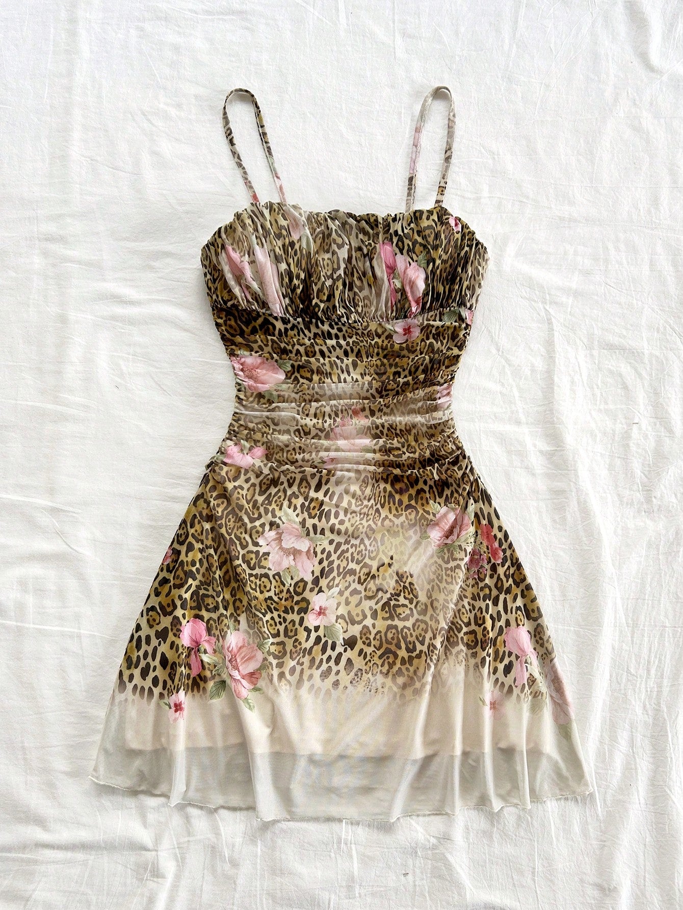 Soleia Lady's Summer Pink Leopard Print Mesh Strap Dress, Bohemian Style For Vacation, Floral Theme Party Outfit, Wedding Guest Attire No Chest Padding