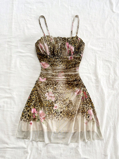 Soleia Lady's Summer Pink Leopard Print Mesh Strap Dress, Bohemian Style For Vacation, Floral Theme Party Outfit, Wedding Guest Attire No Chest Padding