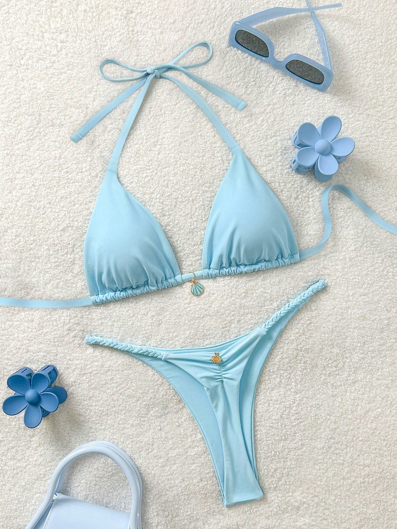 Soleia Plus Size Women's Backless Tie-Front Split Bikini Set,Minimalist Solid Color Light Blue,Summer,Kawaii,Beach,Holiday Vacation Carnival Outfits