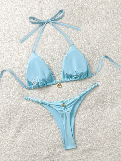 Soleia Plus Size Women's Backless Tie-Front Split Bikini Set,Minimalist Solid Color Light Blue,Summer,Kawaii,Beach,Holiday Vacation Carnival Outfits