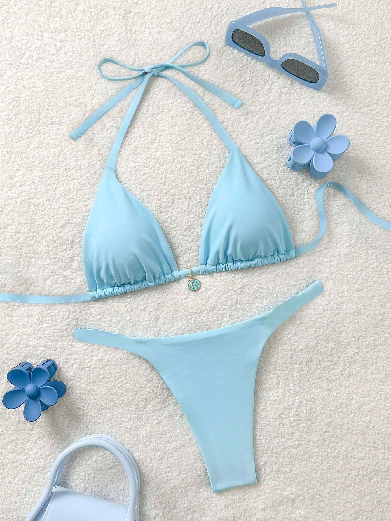 Soleia Plus Size Women's Backless Tie-Front Split Bikini Set,Minimalist Solid Color Light Blue,Summer,Kawaii,Beach,Holiday Vacation Carnival Outfits