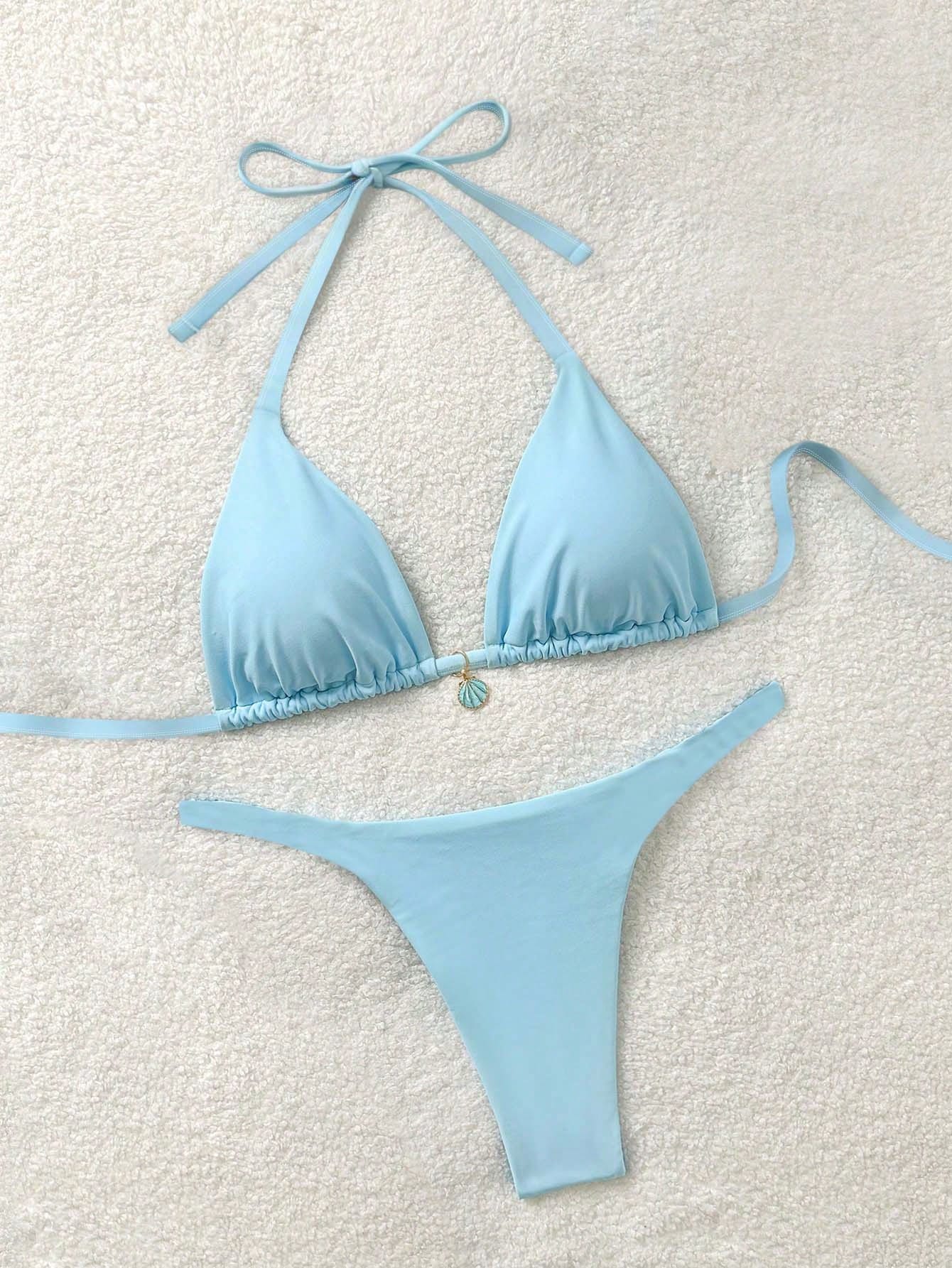 Soleia Plus Size Women's Backless Tie-Front Split Bikini Set,Minimalist Solid Color Light Blue,Summer,Kawaii,Beach,Holiday Vacation Carnival Outfits