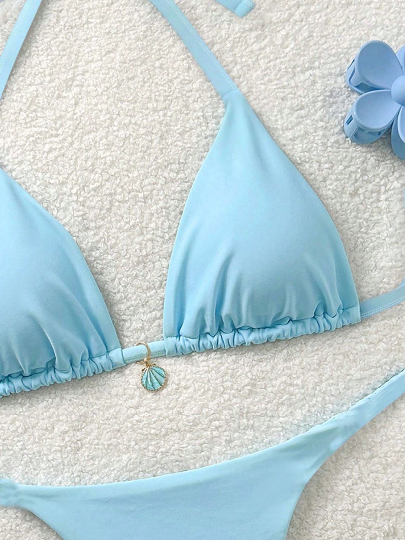 Soleia Plus Size Women's Backless Tie-Front Split Bikini Set,Minimalist Solid Color Light Blue,Summer,Kawaii,Beach,Holiday Vacation Carnival Outfits